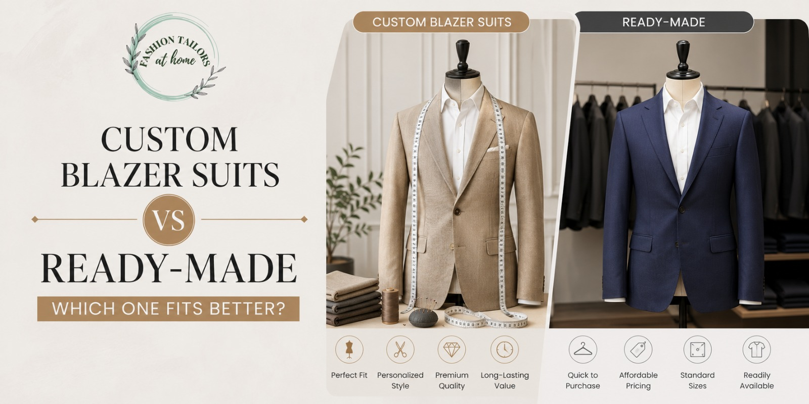 Custom blazer suits vs ready-made blazer comparison with tailored fit and premium craftsmanship
