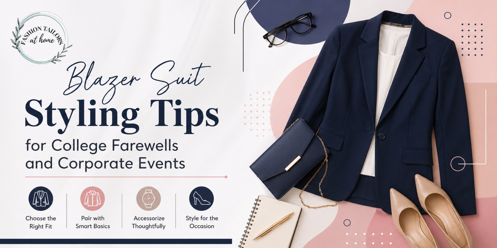 Women's navy blazer suit styling for formal events