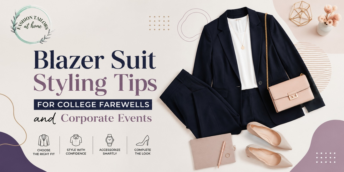 Women's navy blazer suit styled for college farewell and corporate events with elegant accessories and tailored fit